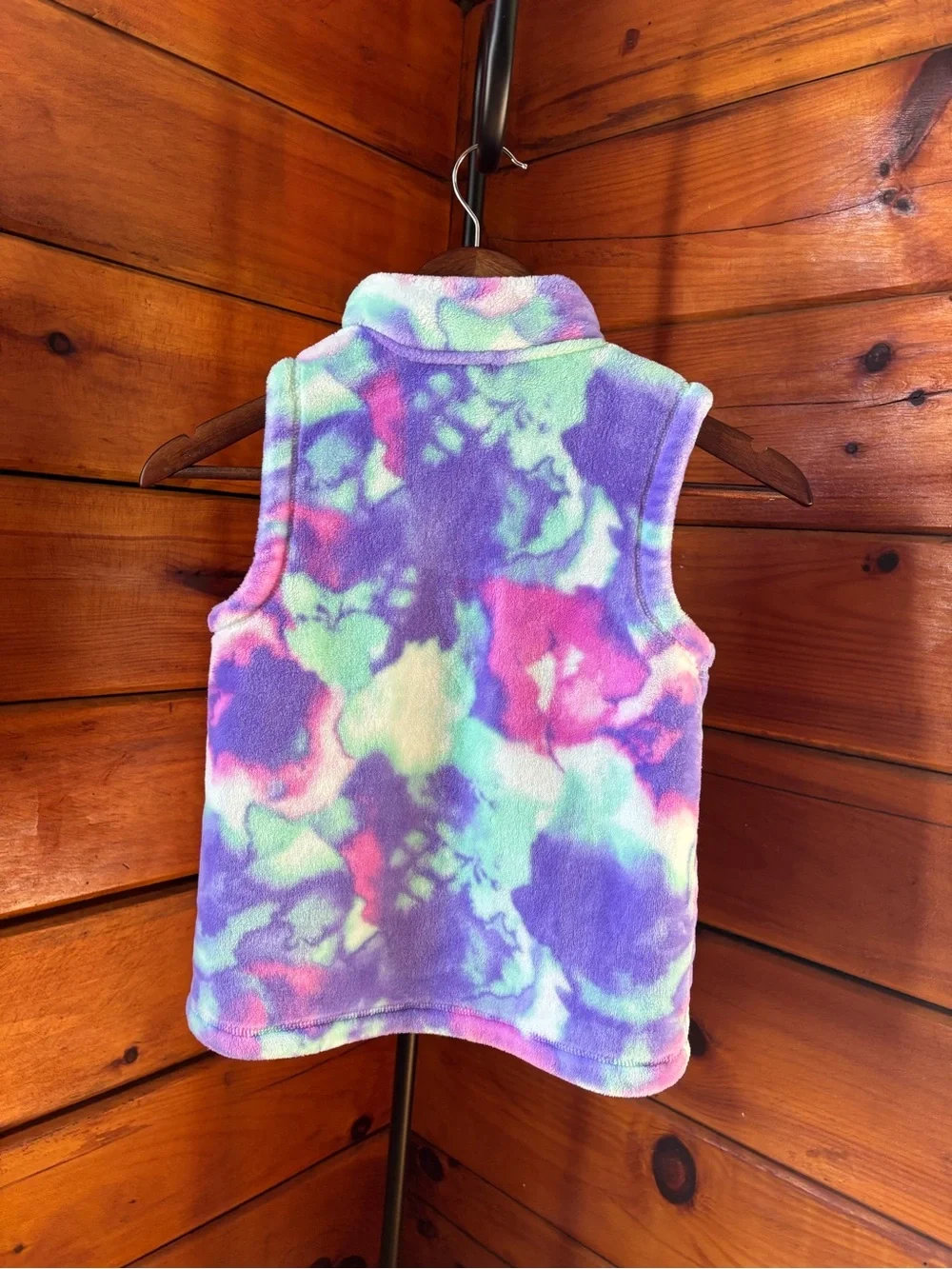 Lands' End Girls Tie-Dye Fleece Full Zip Vest w/ Pockets Purple Pink Sz S 7-8